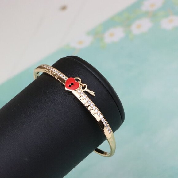 Rose Gold Bangle with Red Heart Lock and Key Charm Accent, XPBL0562 - Picture 8 of 12